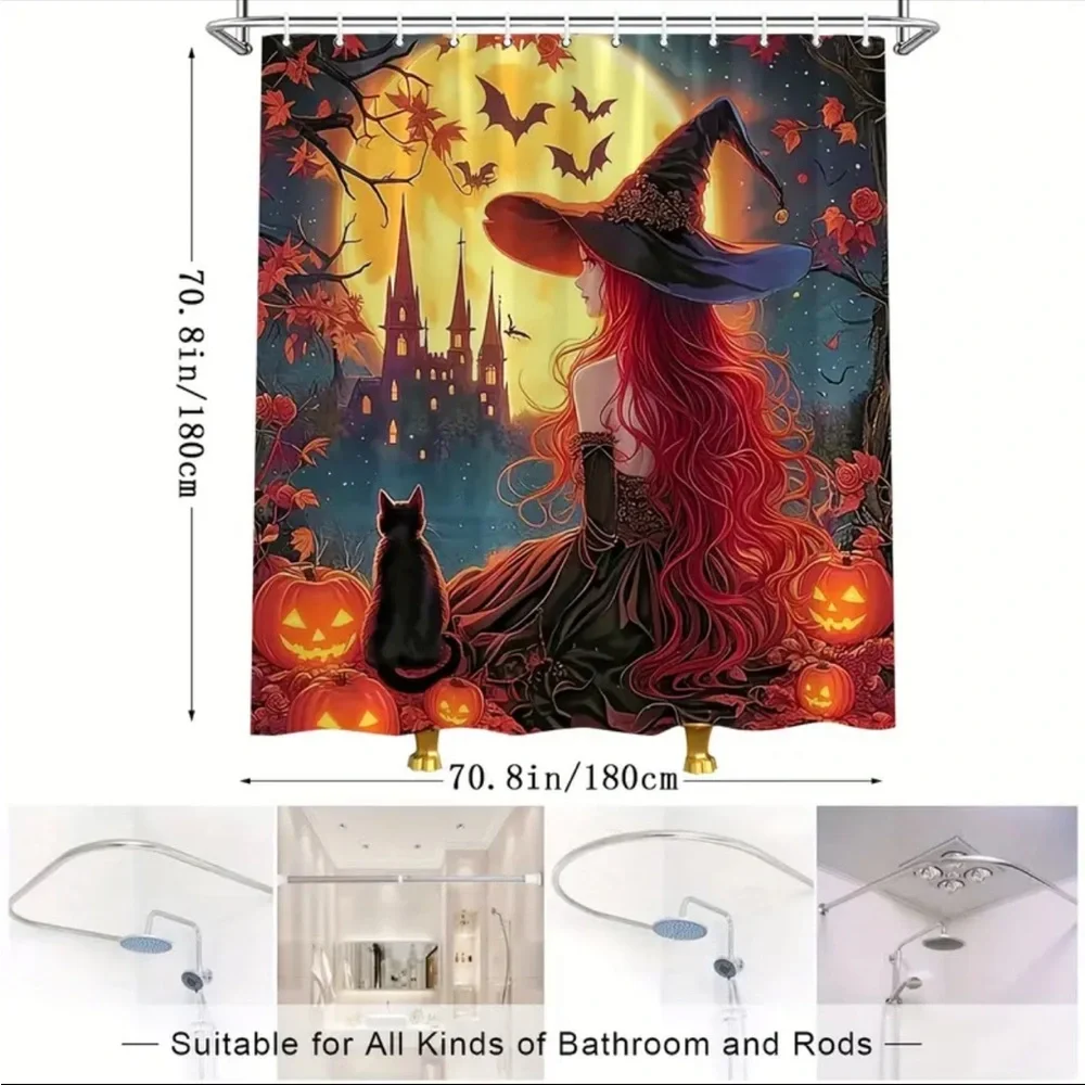 Beautiful Long Hair Witch Pumpkin Bat Ancient Castle Autumn Scene Shower Curtain